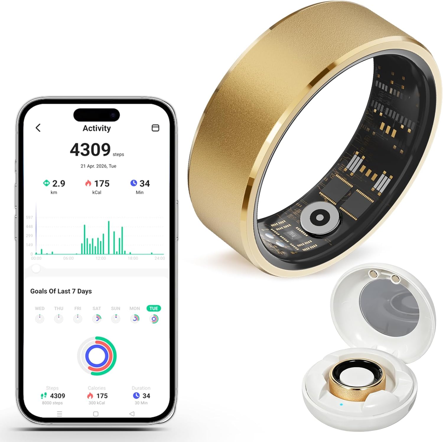 Smart Fitness and Activity Ring for Men and Women – Track Heart Rate, Sleep, Stress, Steps & More, Waterproof Fitness Tracker for iPhone and Android, No Subscription Fee, Gold 7#