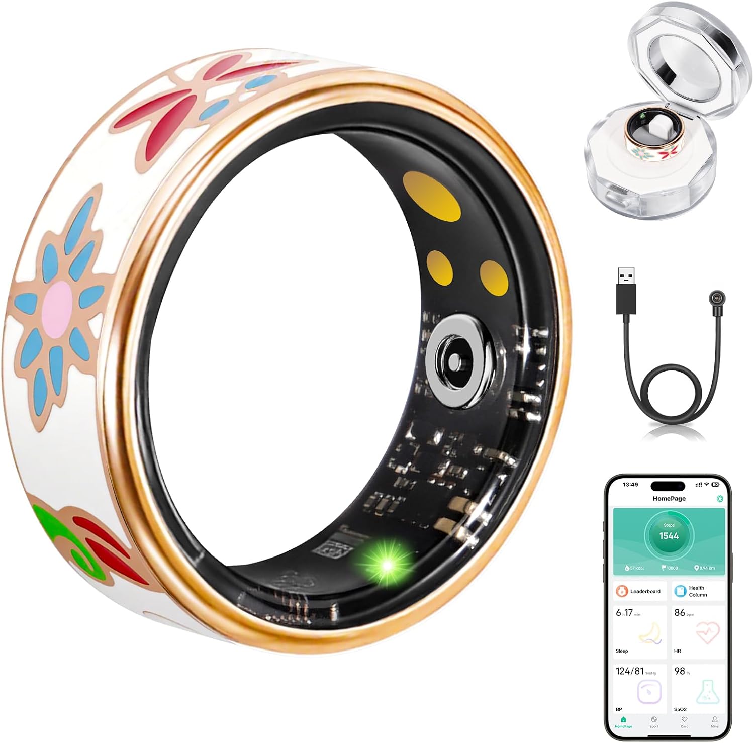 Smart Ring for Women and Men – IP68 Waterproof Health Tracker Ring with Heart Rate, Step Counting, Sleep Monitoring, No Subscription Fee for iPhone/Android, Enamel Rose Gold 7#
