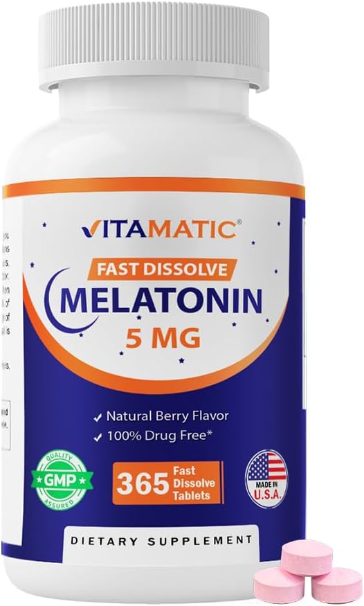 Vitamatic Melatonin 5 mg Tablets | Vegetarian, Non-GMO, Gluten Free | 1 Year Supply | Natural Berry Flavor – 365 Tablets