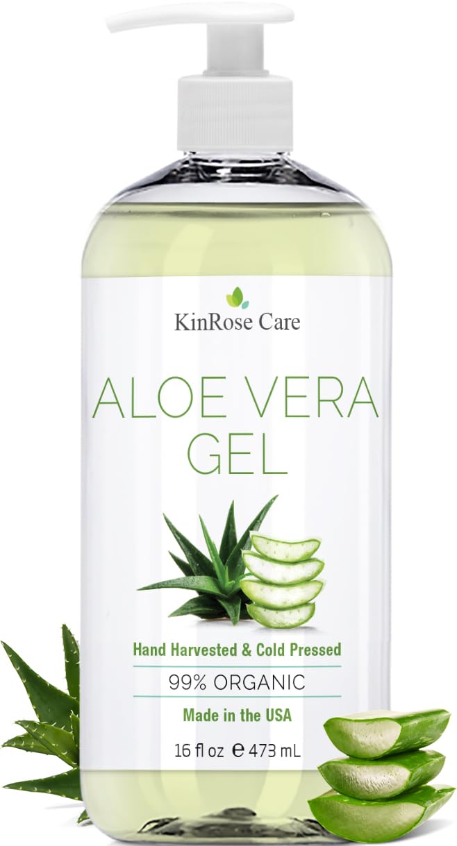 KinRose Care, 16oz Aloe Vera Gel for Face, Skin, Hair & Sunburn Relief – From Pure Organic Aloe Vera – Cold Pressed, Vegan, Unscented – Made in USA.