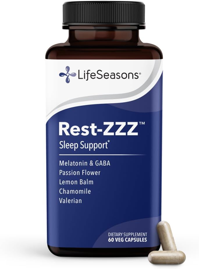 LifeSeasons Rest-ZZZ – Natural Sleep Support Supplement – Fall Asleep & Stay Asleep – Calms Nervous System – Ease Muscle Tension & Restlessness – Low Dose Melatonin GABA & Chamomile – 60 Capsules