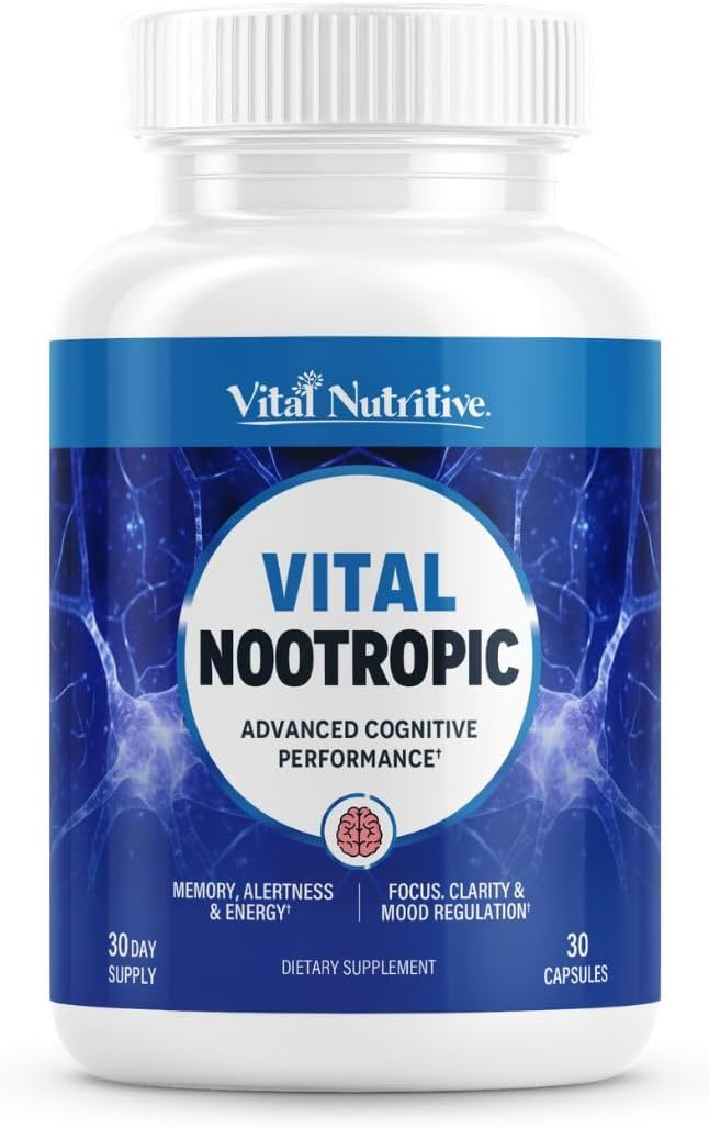 Vital Nootropic 12-in-1 Brain Supplement for Memory, Focus & Energy Support – L-Tyrosine, Bacopa, Rhodiola, Caffeine, B Vitamins – Cognitive Balance Capsules for Men & Women-30 Days Supply