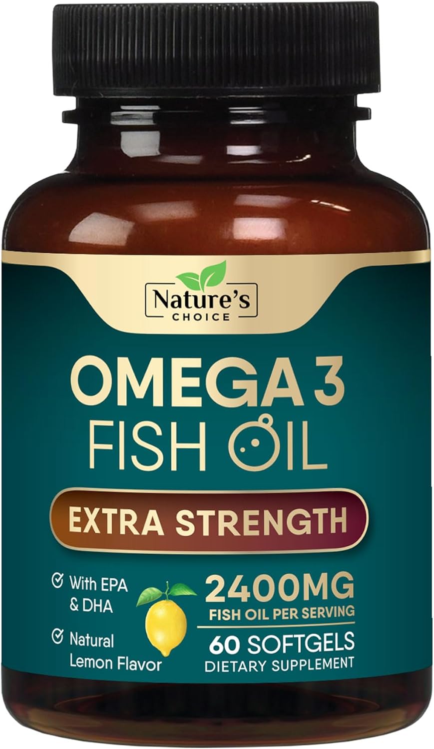 Omega 3 Fish Oil Supplements – 2400mg Fish Oil Per Serving – Triple Strength Omega-3 with Fatty Acids EPA & DHA – Natural Heart, Brain & Immune Support – Wild Caught, Bottled in USA – 60 Softgels
