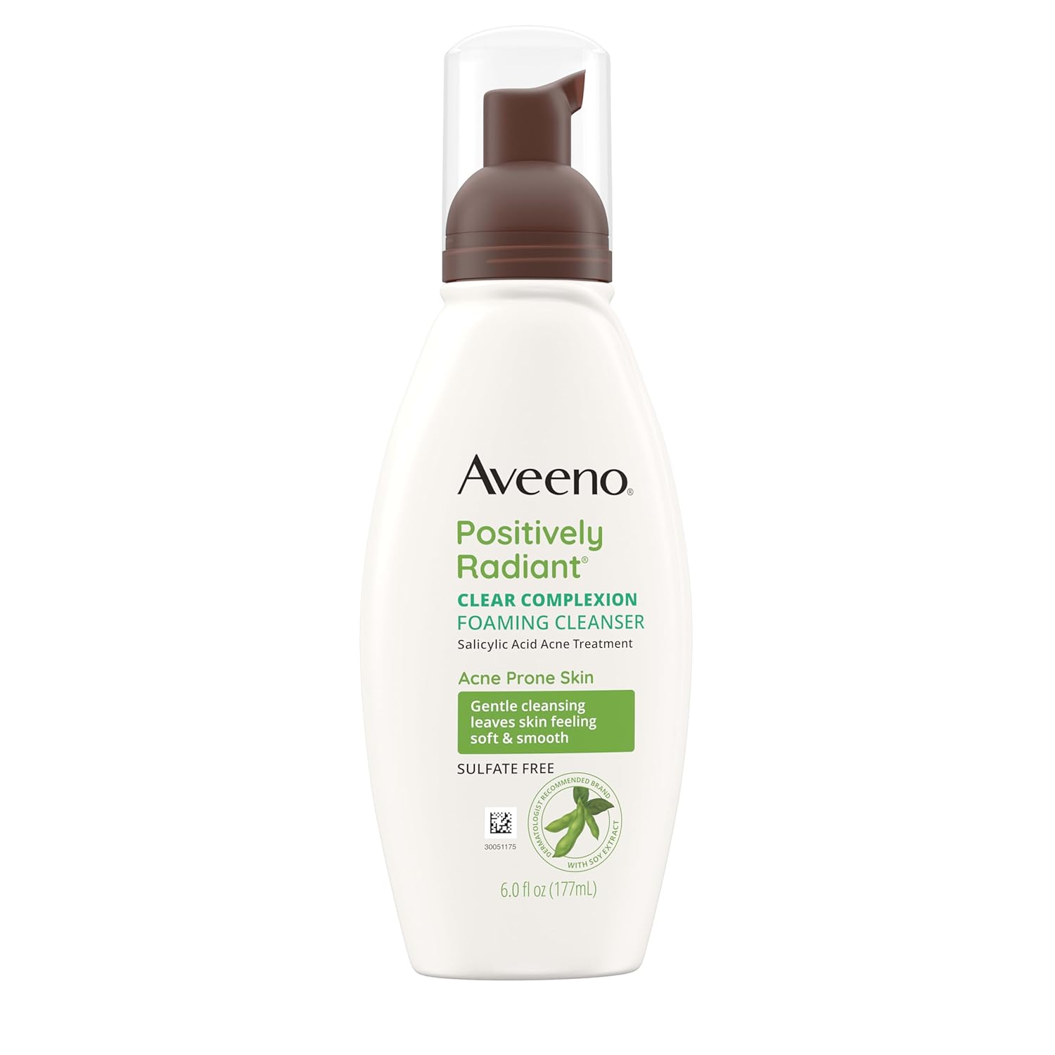 Aveeno Positively Radiant Clear Complexion Foaming Facial Cleanser, Oil-Free with Soy Extract & 0.5% Salicylic Acid, Hypoallergenic Acne Treatment Face Wash for Acne-Prone Skin, 6 Fl Oz