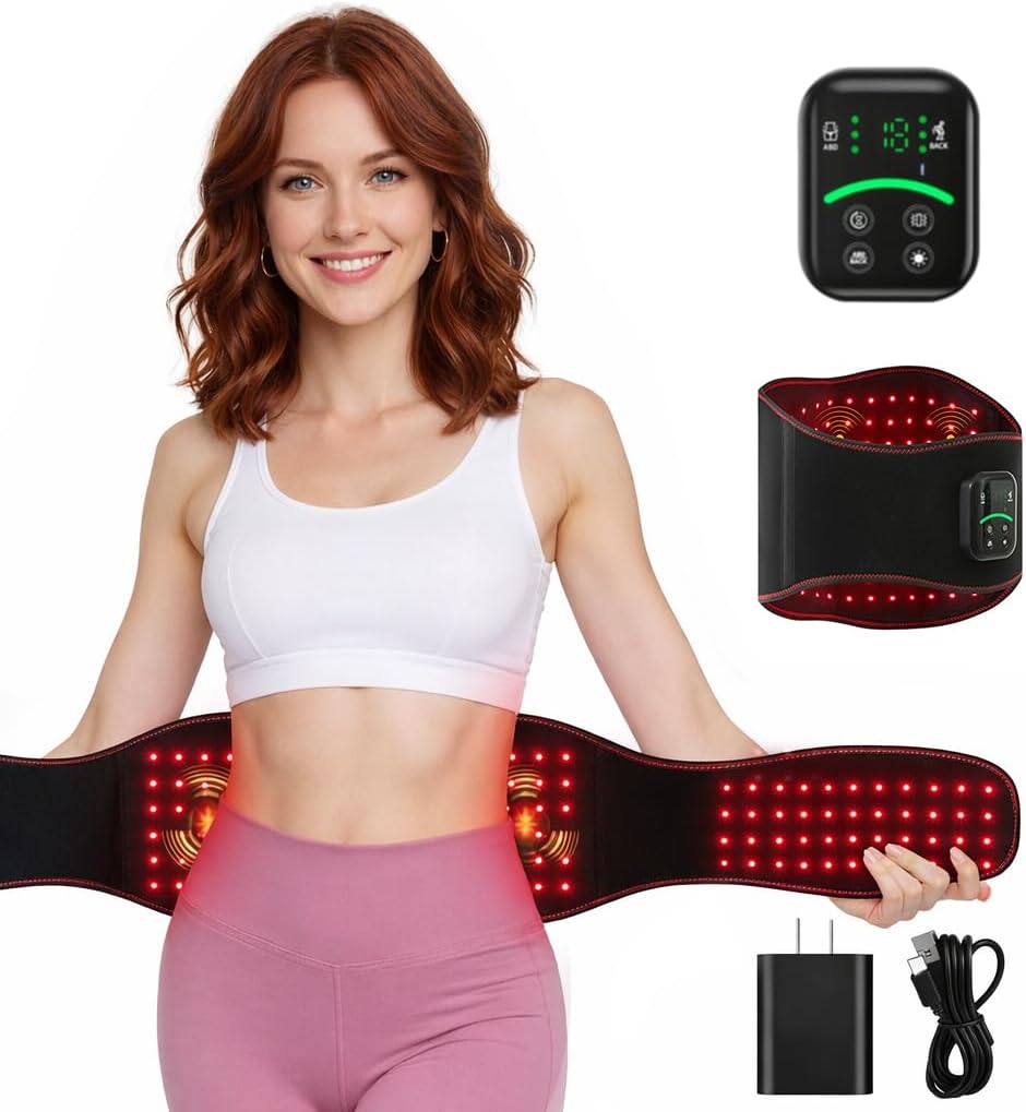 Red Light Therapy Belt for Body Back & Abdomen, 5000mAh Cordless Infrared Waist Wrap with 10Hz/40Hz Pulse, 3 Red Light & Vibration Massage, Portable Gift for Parents & Seniors
