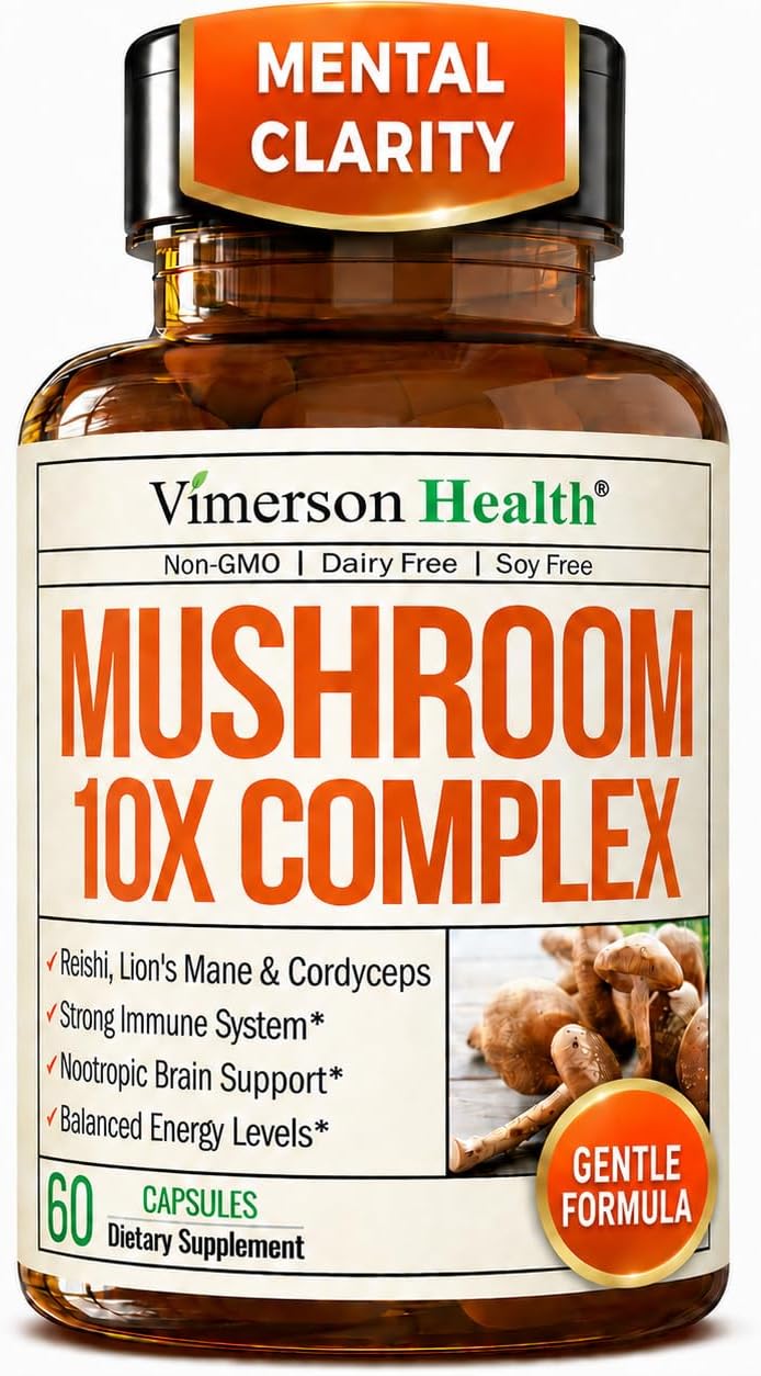 Mushroom 10x Complex with Lions Mane Extract, Turkey Tail, Cordyceps, Reishi, Shiitake, Chaga & Maitake for Cognitive Support – Vegan Mushroom Supplement Blend for Natural Energy & Focus – 60 Capsules