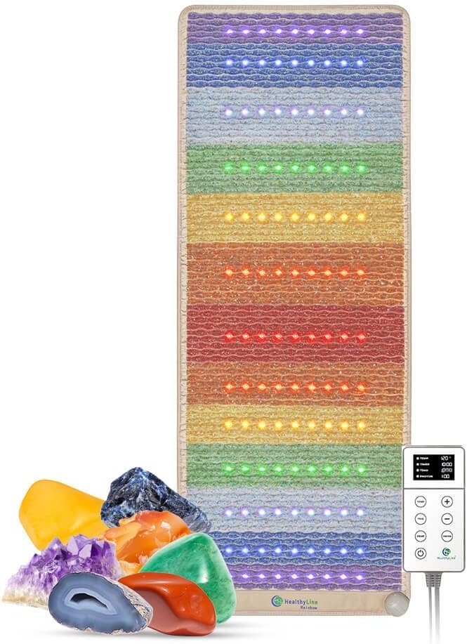 HealthyLine Rainbow Infrared Heating Pad – Full Body Heating Pad – Heat Therapy with Natural Chakra Stones and Healing Crystals – Anxiety Relief, Reiki, Chakra Healing – Meditation Mat 74″ x 28″