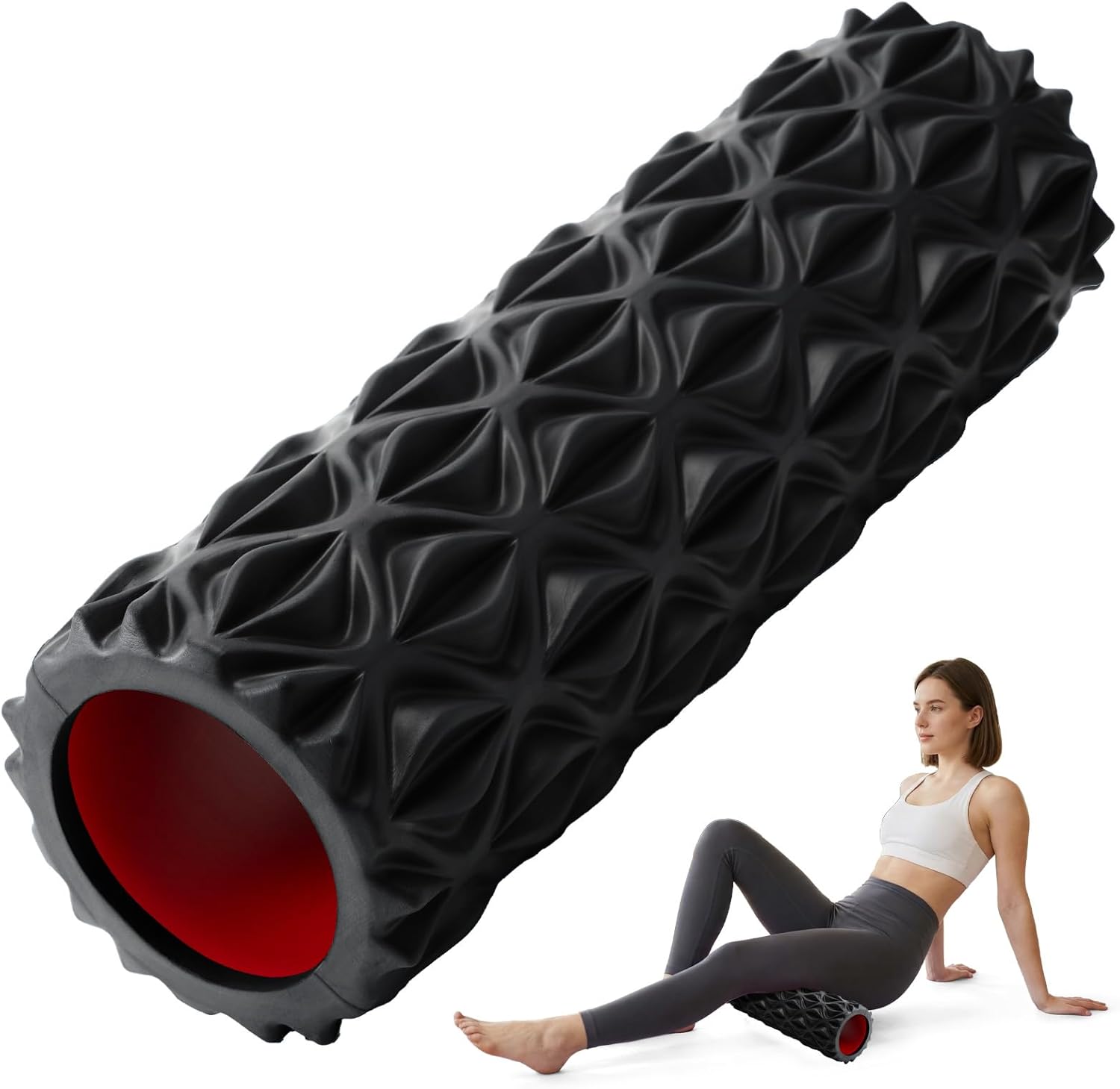 Foam Roller for Deep Tissue Massager, 15″ High Density Diamond-Shaped Texture, Myofascial Release, Deep Tissue Muscle Massage Trigger Point Release Back Roller for Fitness (Black)