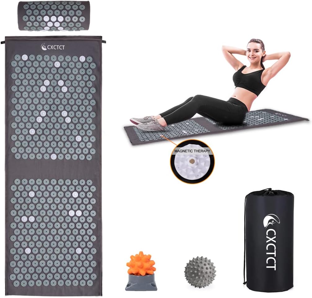 Extra Long Yoga Acupressure Mat Set,Massage Acupuncture Mat Large,Magnetic Mat Acupressure Body mat and Pillow for Neck Back Pain Relief(Grey)