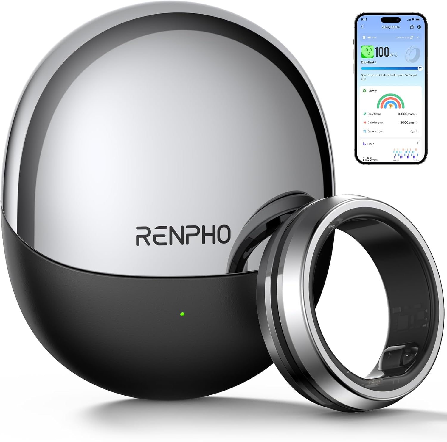 RENPHO Lynx Smart Ring-All Day Sleep & Activity Tracking, Includes Charging Case, Gifts for Men, 7-Day Battery Life, Subscription-Free App for iOS & Android, Size Before You Buy (Silver, Size 9)