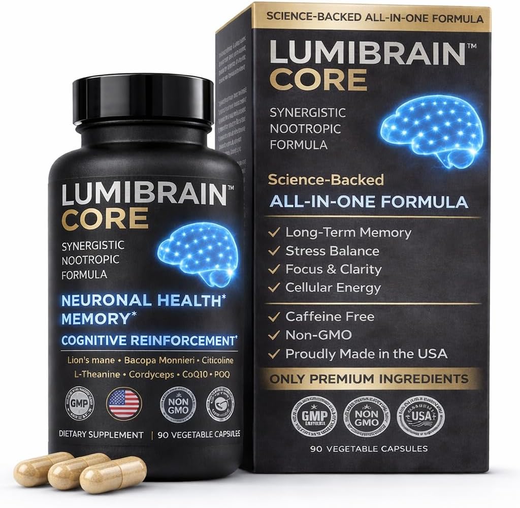 LumiBrain™ CORE Brain Supplement for Memory and Focus, Caffeine-Free Nootropic for Brain Energy, 90 Capsules