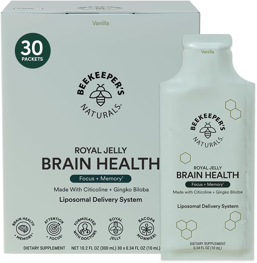 Nootropic Brain Supplement by Beekeeper’s Naturals, 500mg Citocoline, Ginkgo Biloba, Bacopa Monnieri & Royal Jelly, Supports Focus & Memory, Easier Absorption, Plus a Tasty Vanilla Flavor, 30ct