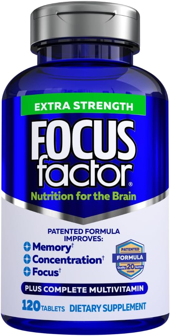 Focus Factor Adults Extra Strength, 120 Count – Brain Supplement for Memory, Concentration and Focus – Complete Multivitamin with DMAE, Vitamin D, DHA – Trusted Health Vitamins