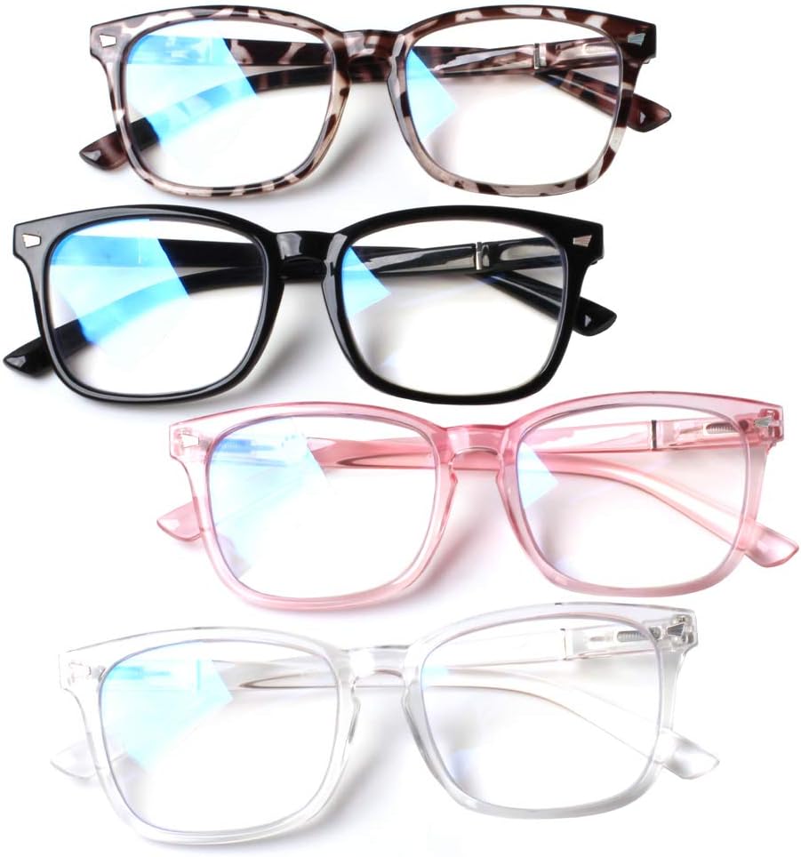 Henotin 4-Pack Blue Light Blocking Reading Glasses Women Men,Spring Hinge Computer Readers,Anti UV Ray Square Nerd Eyeglasses (Mixed Color, 0.00, Diopters)