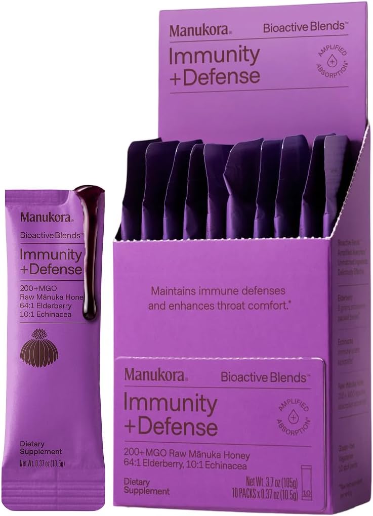 Manukora Immunity Blend Supplement, Elderberry & Echinacea with Manuka Honey, Supports Immune Defense, Throat Comfort & Improved Absorption, Adults & Kids, 3rd-Party Tested, Non-GMO, 10 Packets
