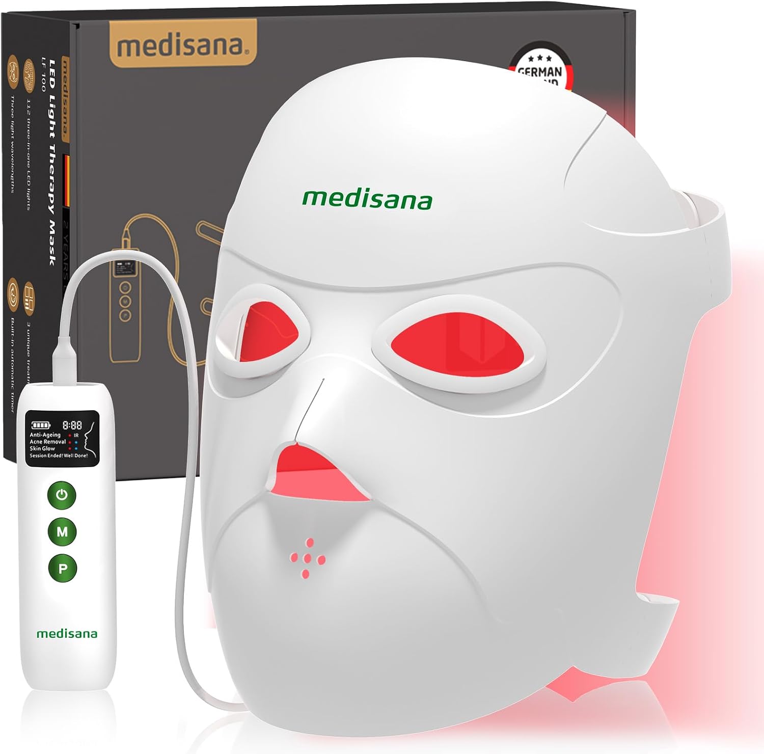 Medisana 3D Red Light Therapy Mask for Face, 336 LEDs Light Therapy Mask with 3 Modes – NIR 830nm, Red 630nm, Blue 415nm – Cordless & Rechargeable LED Face Mask for Home, Skincare Gifts (White)