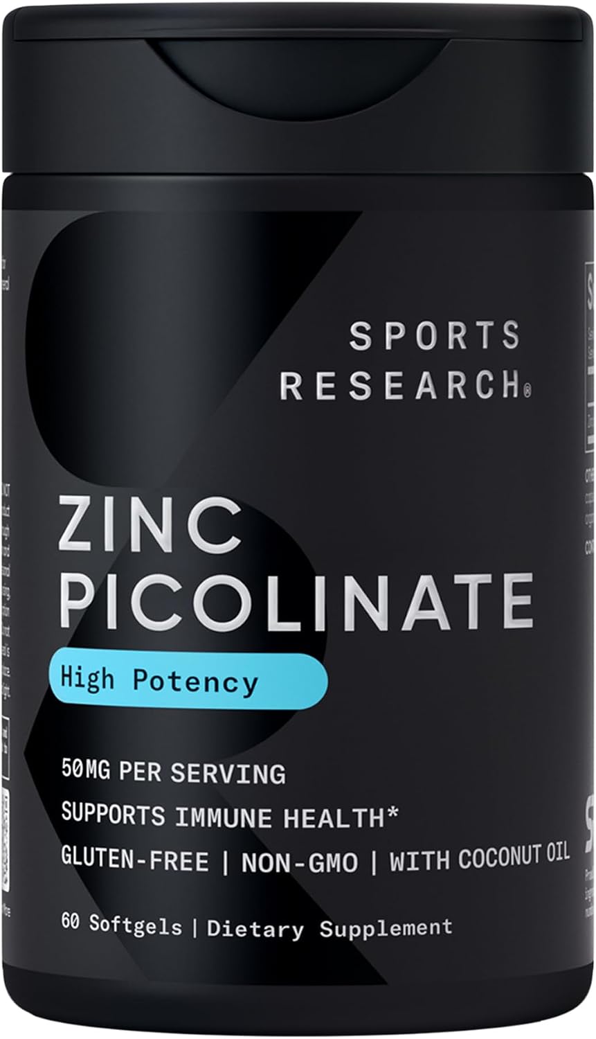 Sports Research® High Potency Zinc Picolinate 50mg with Organic Coconut Oil | Highly Absorbable Zinc Supplement for Healthy Immune & Enzyme Function – Non-GMO Tested & Gluten-Free (60 Liquid Softgels)