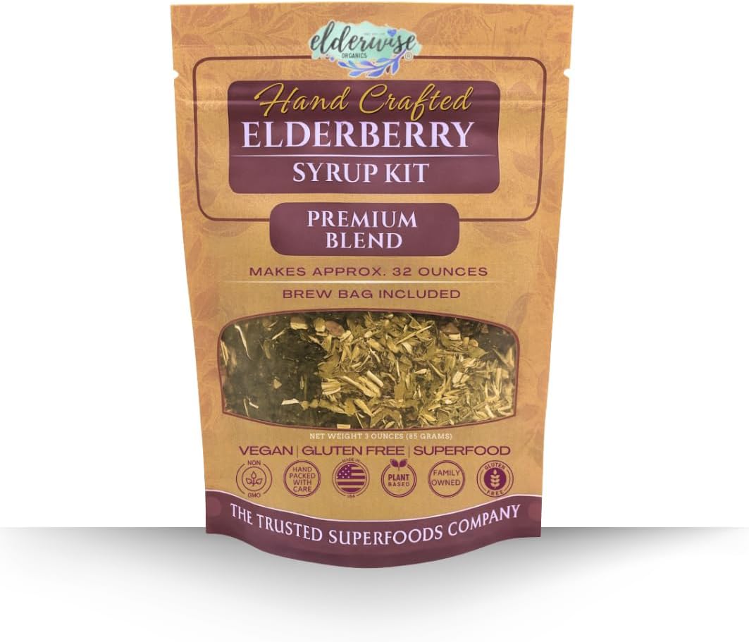 Elderwise Organic Elderberry Syrup Kit – Easy to Use, DIY Elderberry Syrup Making Kit with Elderberries ,Rosehips, Ginger, Echinacea, Cinnamon, and Cloves, Makes 32oz of Syrup, Brewing Bag Included