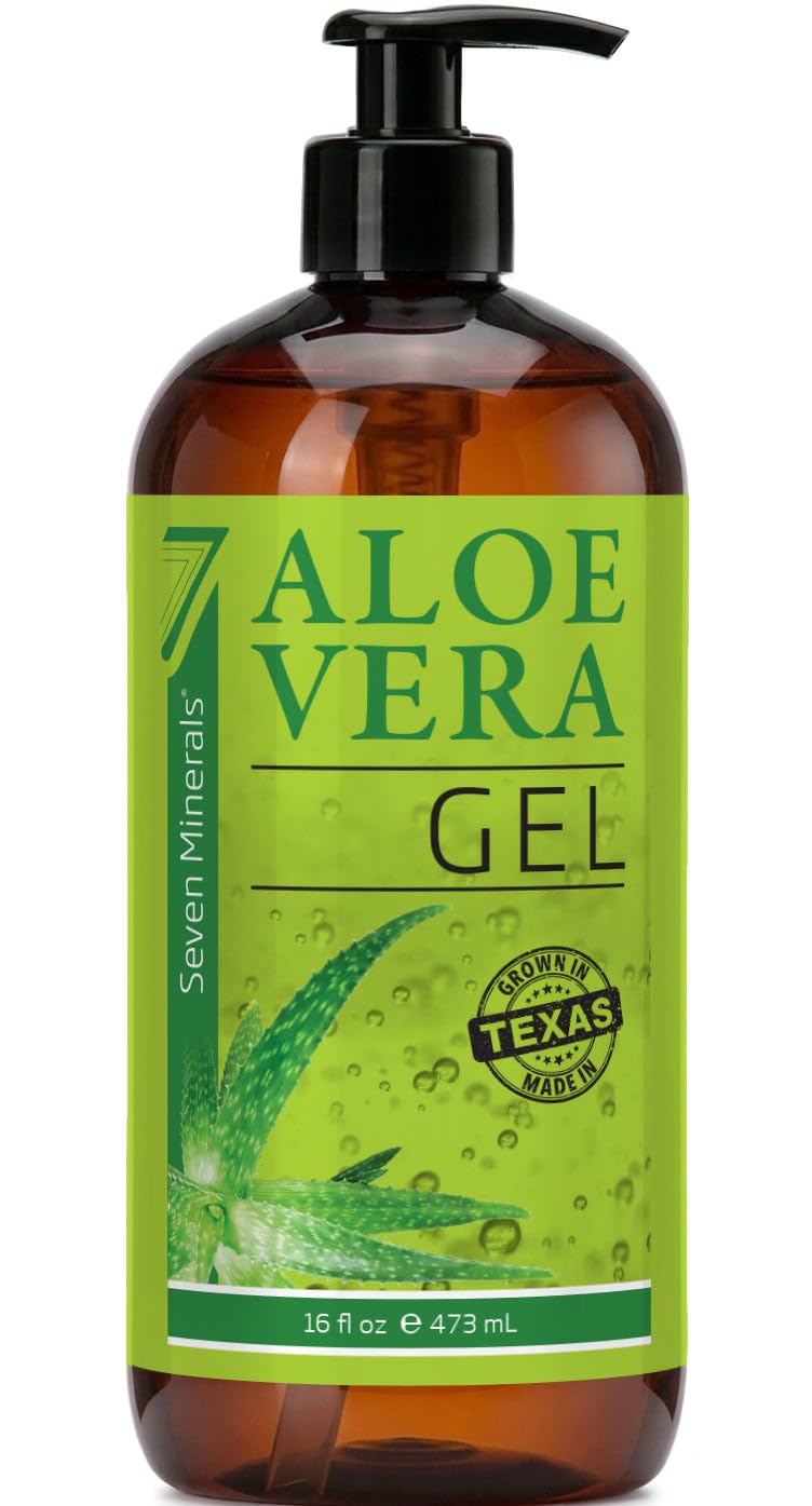 Seven Minerals Aloe Vera Gel with Freshly Cut Pure Organic Aloe – Big 16oz with Treatment Pump – Texas grown, Vegan, Unscented – For Face, Skin, Hair – Summer Beach Vacation Essentials