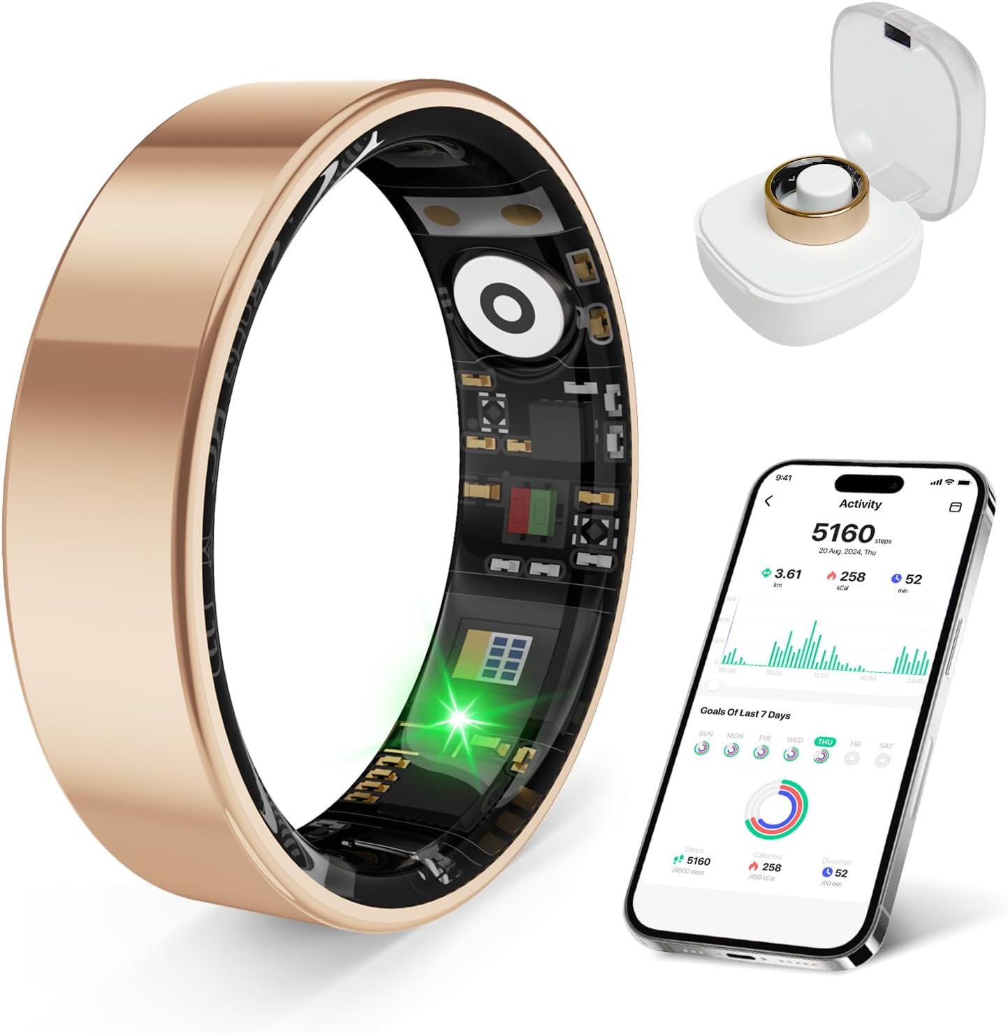 Smart Health Ring Fitness Tracker with Stress & Sleep Monitoring, Waterproof Activity Tracker, Compatible with iOS & Android, No Subscription Fee, Lightweight Wearable for Women & Men (Rose Gold, 8)