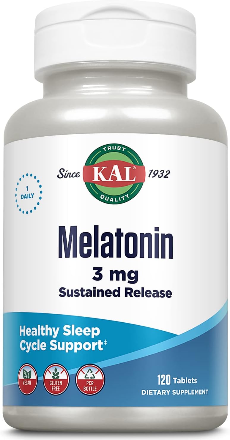 KAL Melatonin 3mg Supplement for Adults – Sleep and Rest Support with Vitamin B6 for Men & Women, Fast Dissolve, Promotes Healthy Cycles, Gluten Free, Vegan – 120 Count Tablets