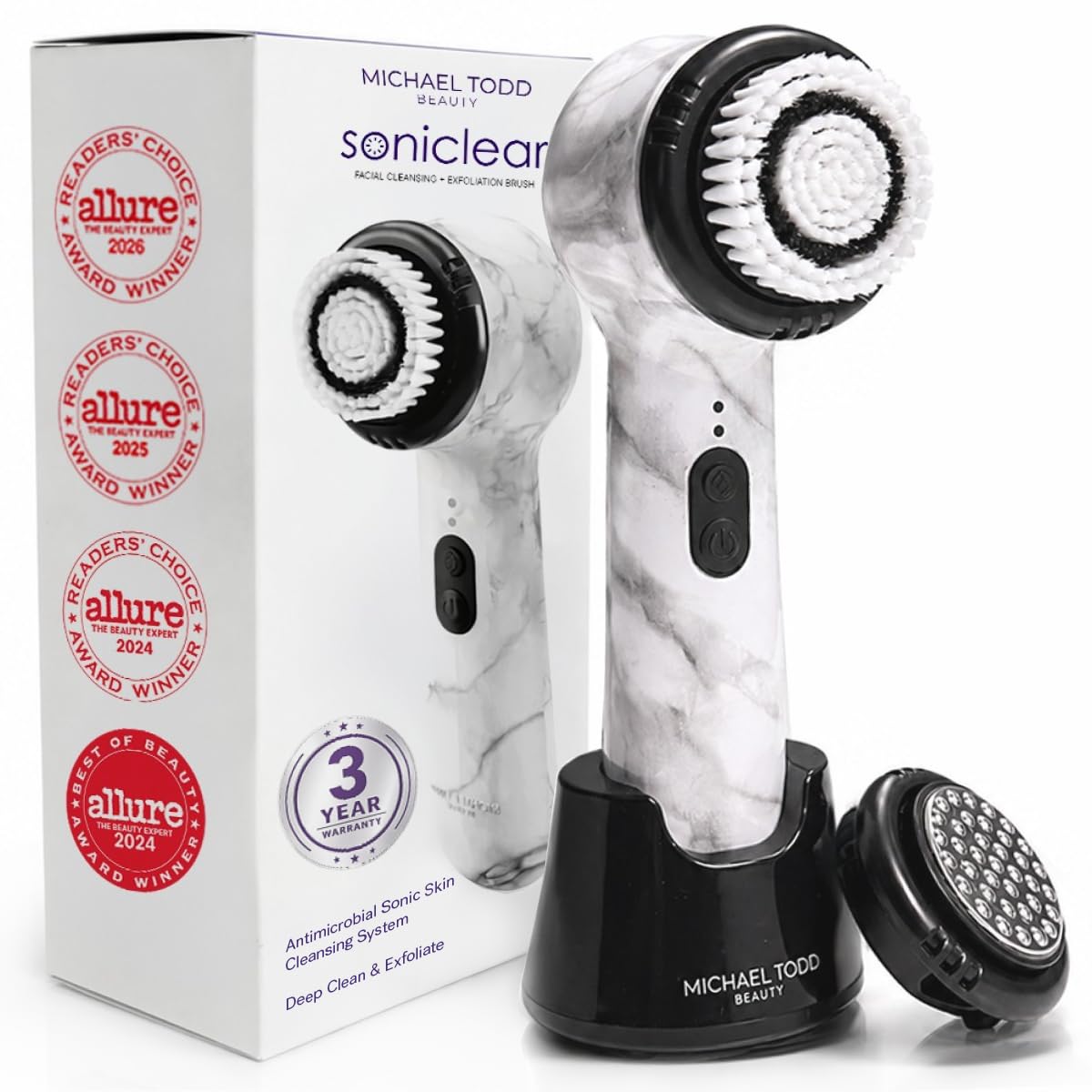 Michael Todd Beauty Soniclear Allure 2026 Readers Choice Winner Sonic (no Rotating) Facial Cleansing + Exfoliation Brush for Men/Women, Antimicrobial Protected Bristles, 4 speeds, Serum Infusion Head