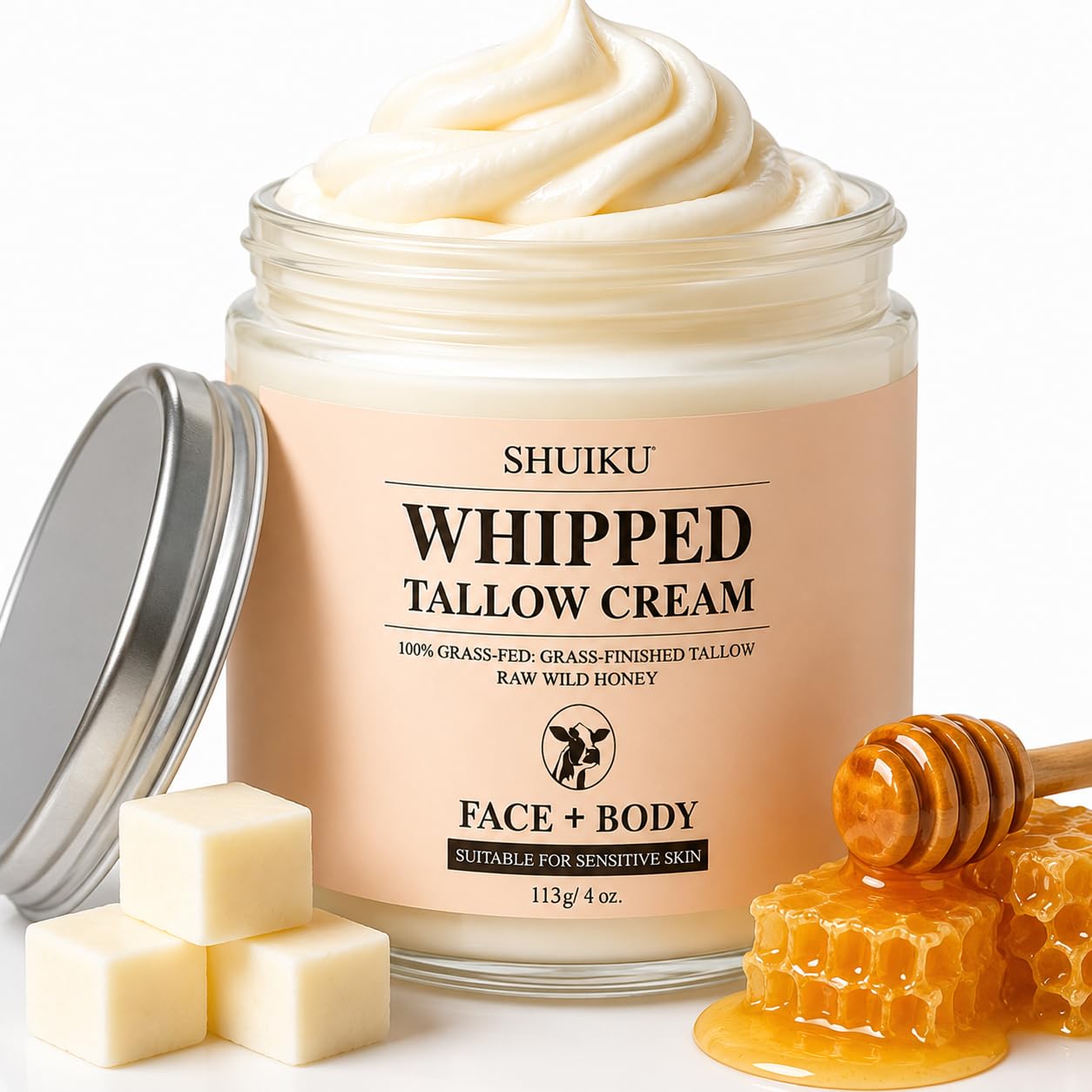 Beef Tallow for Skin with Honey Balm – All-Natural Moisturizer Hydrates and Nourishes the Skin, Whipped Grass-fed Beef Tallow Honey Balm blend – Ultra-Nourishing Moisturizer for Face, Body & Hands.