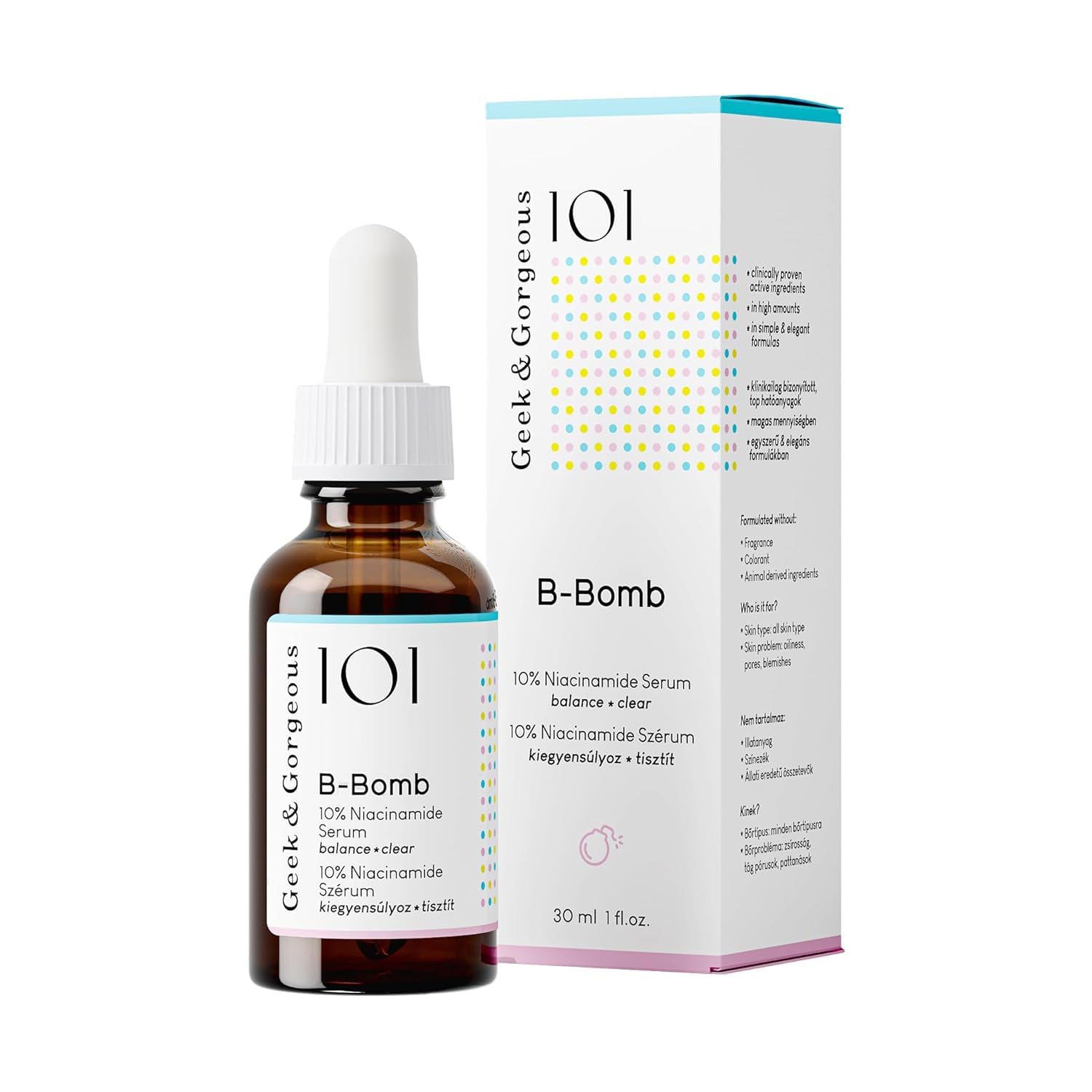 Geek & Gorgeous – B-Bomb – 10% Niacinamide Serum, Zinc PCA & Sarcosine, helps enlarged pores, oiliness and blemishes, combination skin, 1 oz