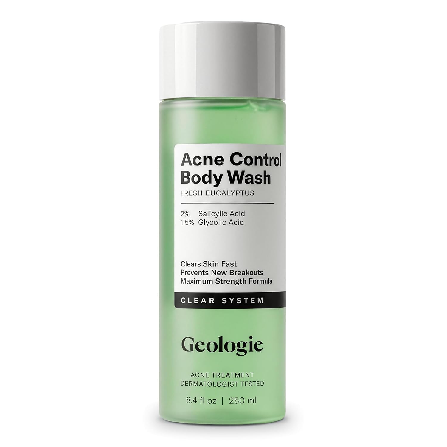 Geologie Acne Control Body Wash | Fresh Eucalyptus | 2% Salicylic Acid + 1.5% Glycolic Acid | Clears Body Acne & Prevents Breakouts | For Men & Women | No Benzoyl Peroxide | 8.4 oz