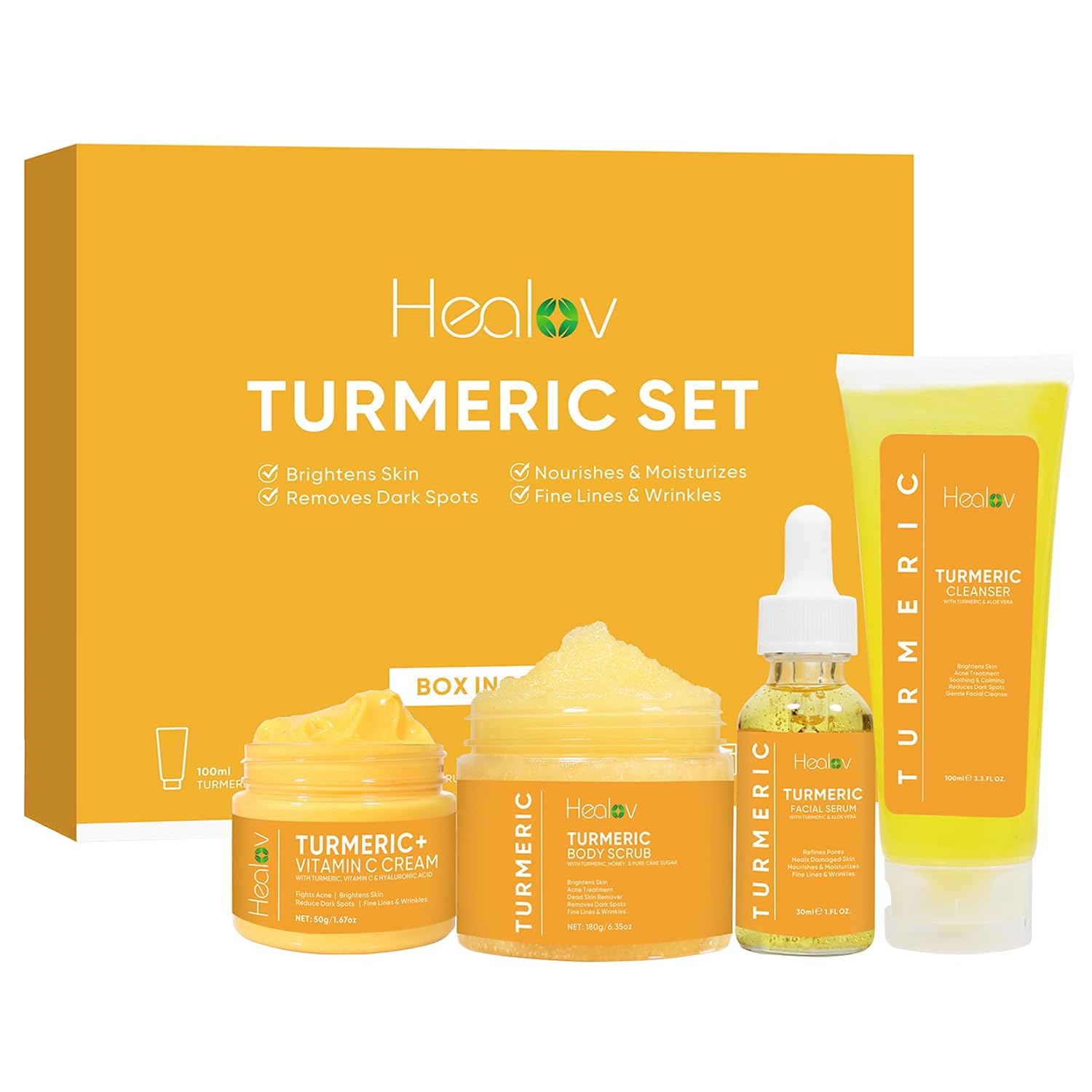 Healov Turmeric Skincare Set – Turmeric Skin Care Products Brightening & Acne – Turmeric Skin Care Kit, Turmeric Skin Care Set – Turmeric Cleanser, Body Scrub, Face Cream & Facial Serum