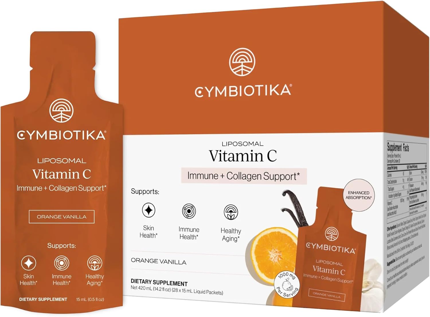 CYMBIOTIKA Liposomal Vitamin C Supplement, Immune Health, Skin Health, Healthy Aging, Enhanced Absorption, Gluten Free, Soy Free, Plant-Based, Orange Vanilla Flavor, 28 x 15 mL Liquid Packets