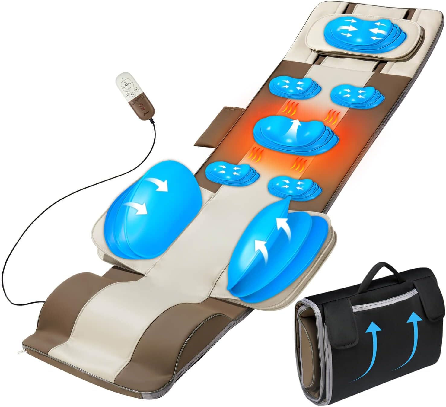 Full Body Massage Mat, 3D Body Stretching Back Massager with Heat, Lumbar Stretching & Neck Support for Bed Sofa Floor, 4 Modes 3 Intensities, Portable & Foldable, PU Leather, Gifts for Mom Dad