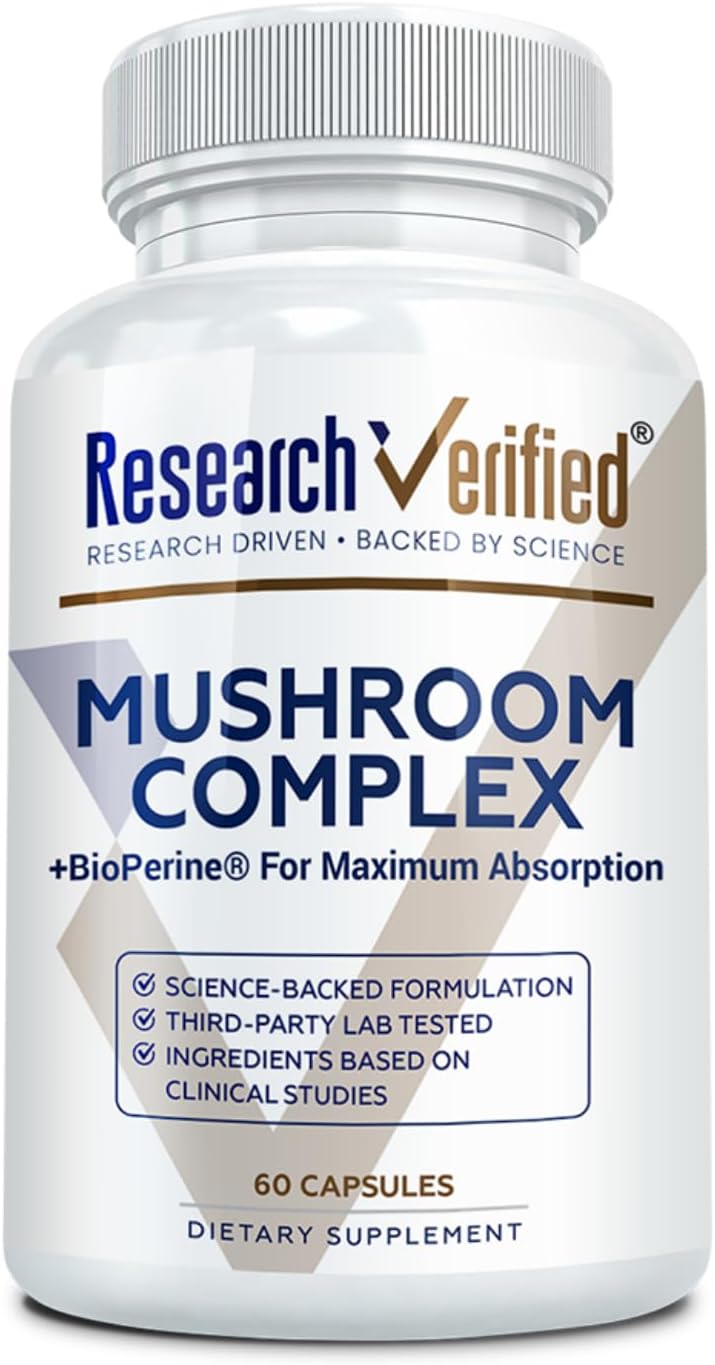 Research Verified Mushroom Complex – Support Immunity, Boost Antioxidants, Improve Cognitive Function – 10 Mushrooms Including Reishi, Maitake, and Shiitake – 60 Capsules – Vegan
