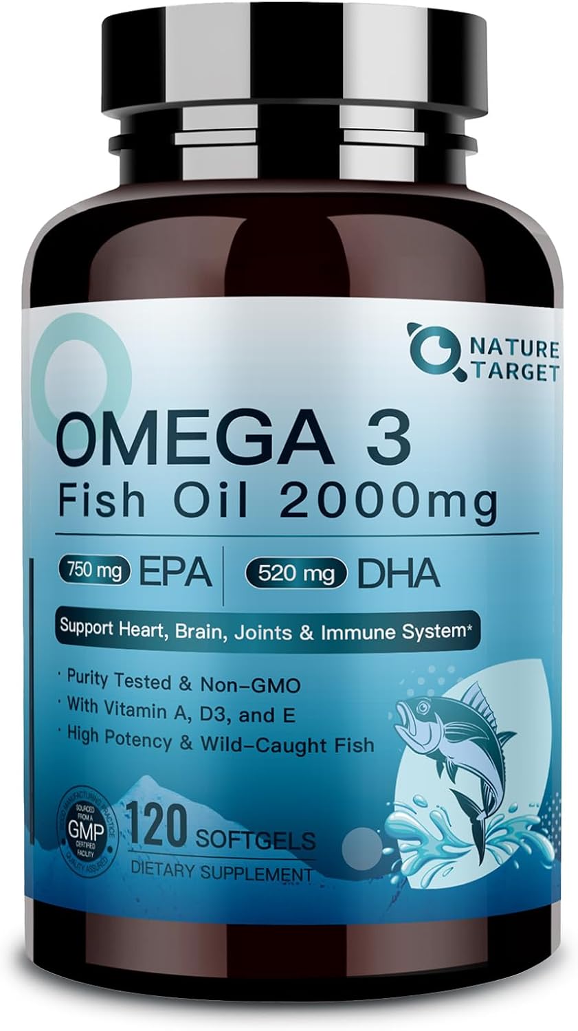 NATURE TARGET Omega 3 Fish Oil 2000mg Softgels with Vitamin D3 & E & A – EPA & DHA- Max-Absorption, Supports Heart, Brain & Immune Health, Non-GMO, 120 Softgels