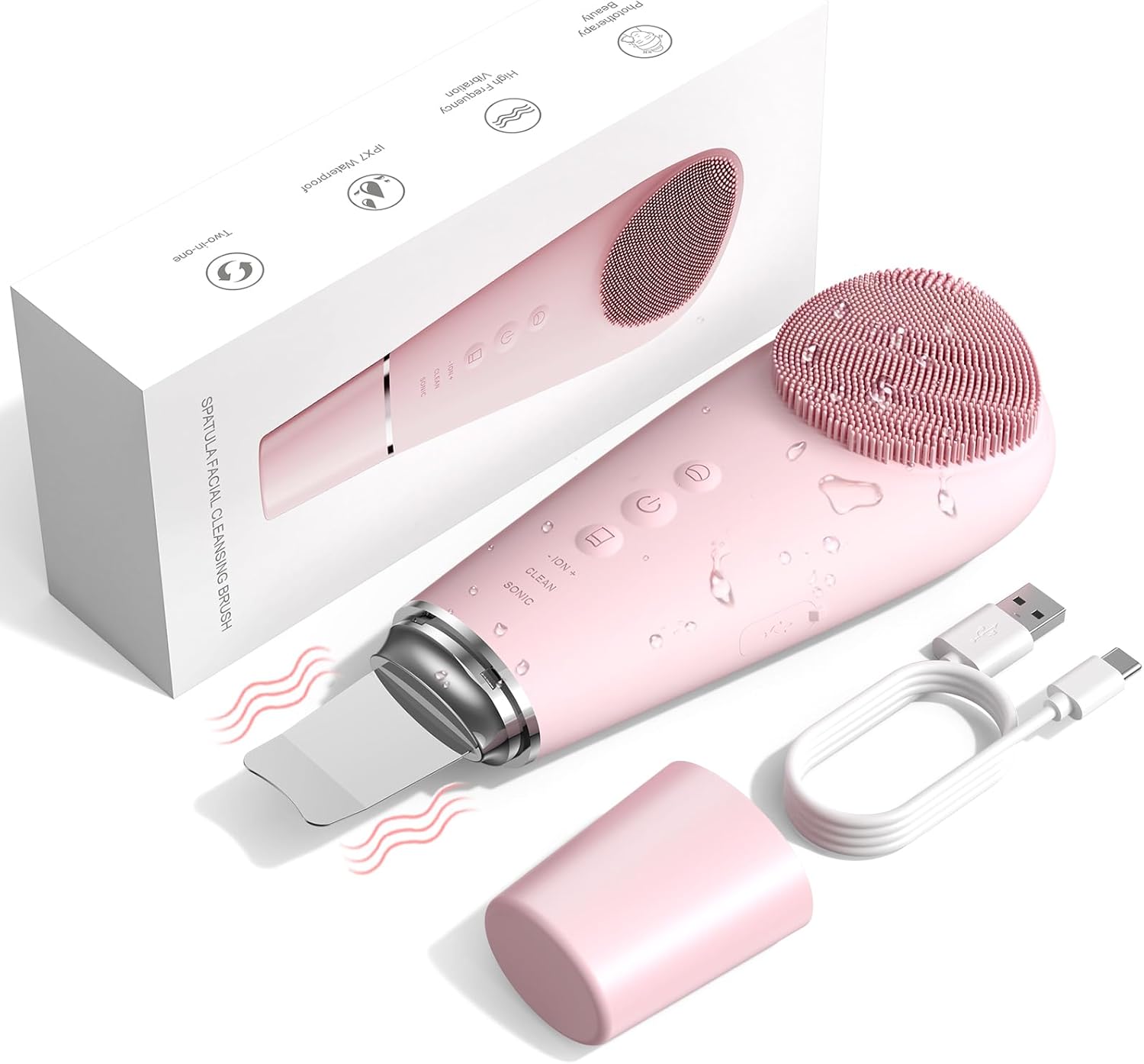 Facial Cleansing Brush, 2 in 1 Firming Massager Facial Skin Scrubber Waterproof Face Scrub for Deep Cleansing Vibrating Exfoliator Scrubber Skin Care with 7 Modes, Gentle Exfoliating – Pink
