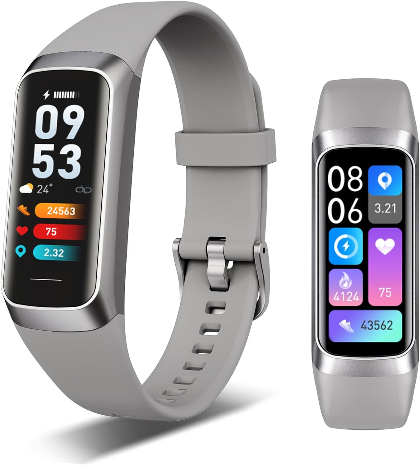 Fitness Tracker, 24/7 Heart Rate Blood Oxygen Blood Pressure Body Temp Monitor Sleep Calorie Tracker with 1.1″ AMOLED Touch Color Screen Pedometer Smart Watch Waterproof for Women Men (Silver Gray)