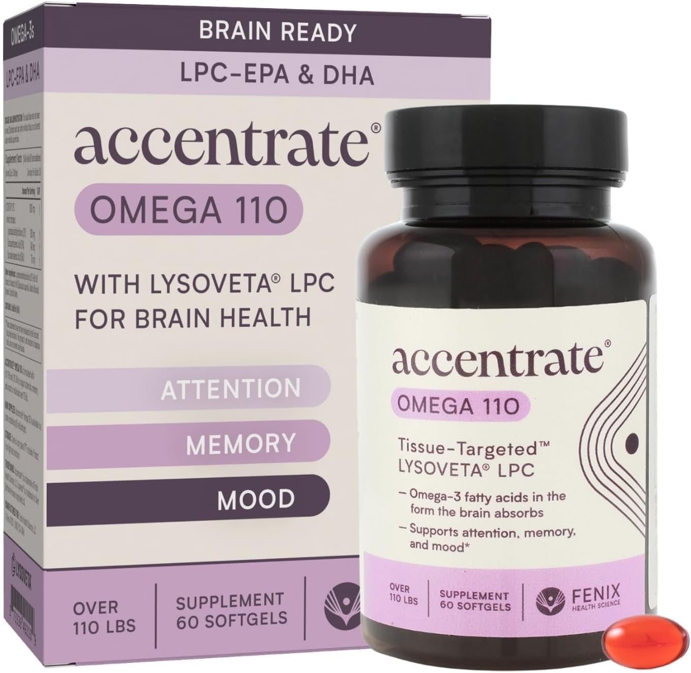 Omega 110 w/LYSOVETA | High Potency LPC & Lyso-DHA Omega-3 Supplement | Brain Health, Focus & Mood | 6X Higher Absorption