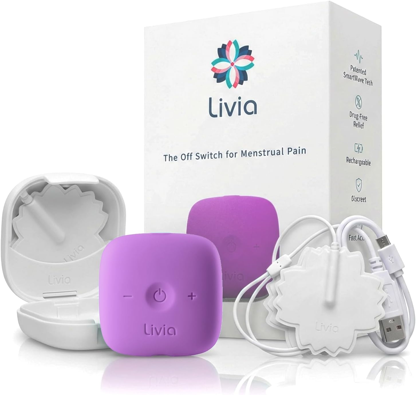 Livia Menstrual Pain Relief Device, Lavender – Off-Switch for Period Pain – Portable & Discreet – Rechargeable, Up to 8 Hours Battery – Complete Kit with Stick-On Pads – The Go-to Travel Partner