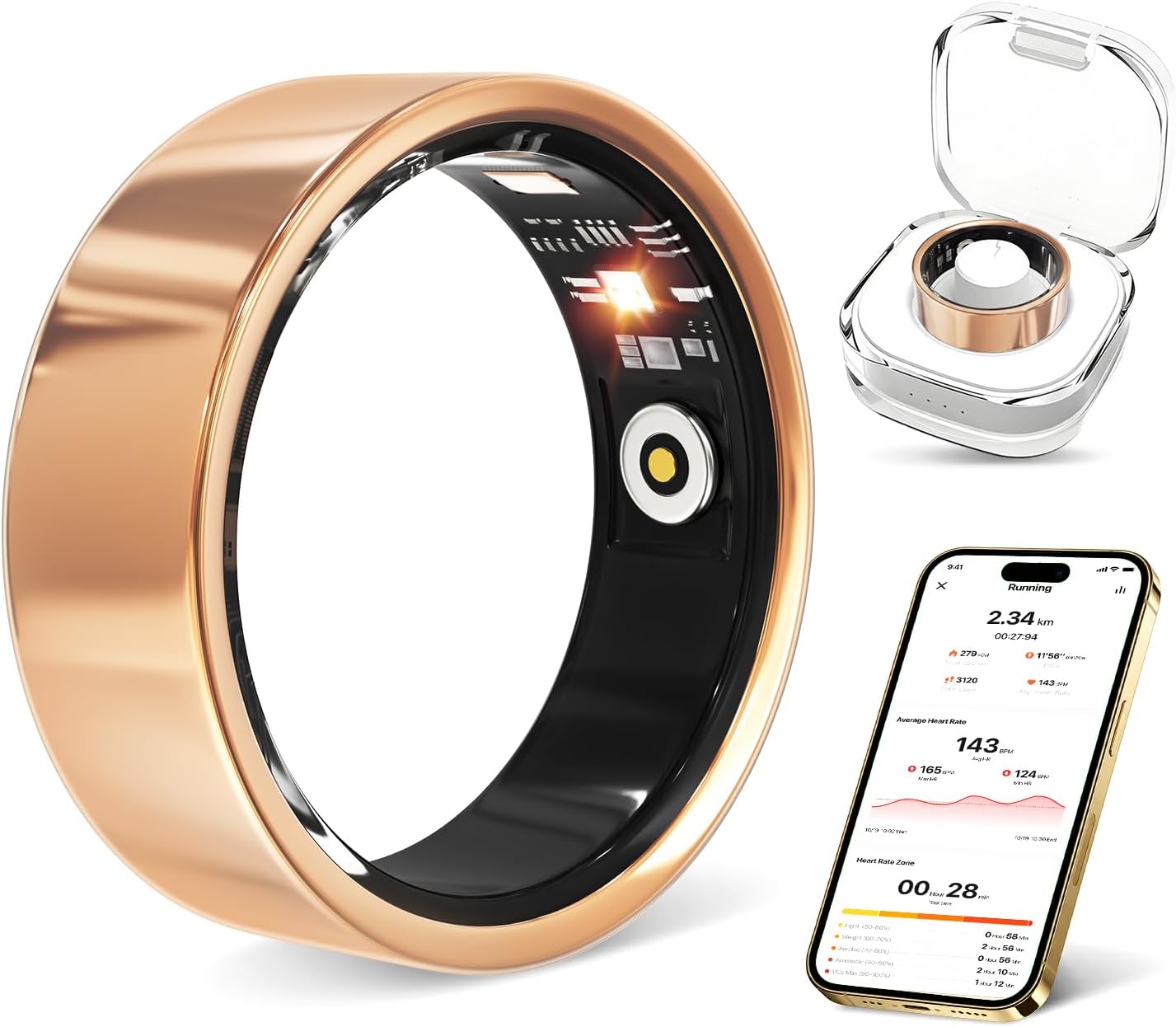 Smart Ring with Heart Rate, Blood Oxygen, Sleep Tracker, Step Tracker, IP68 Waterproof Fitness Tracker Fitness Ring for Women Men, Compatible with iOS & Android (Gold, 7#)