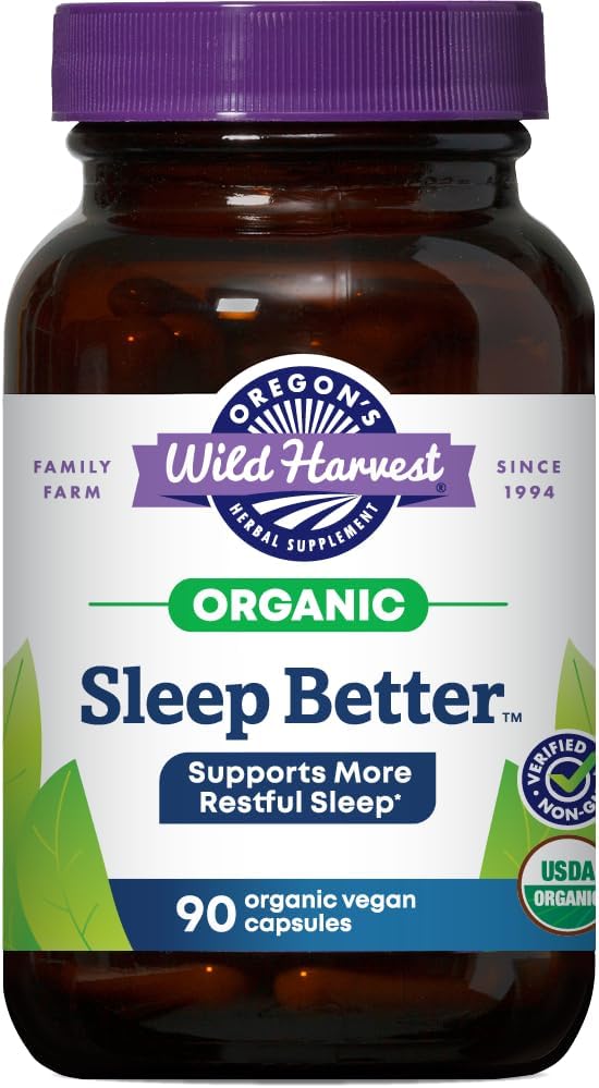 Oregon’s Wild Harvest Sleep Better Capsules – Organic Vegan Herbal Sleep Supplement – Non-GMO, Gluten-Free, USDA Certified – 90 Capsules