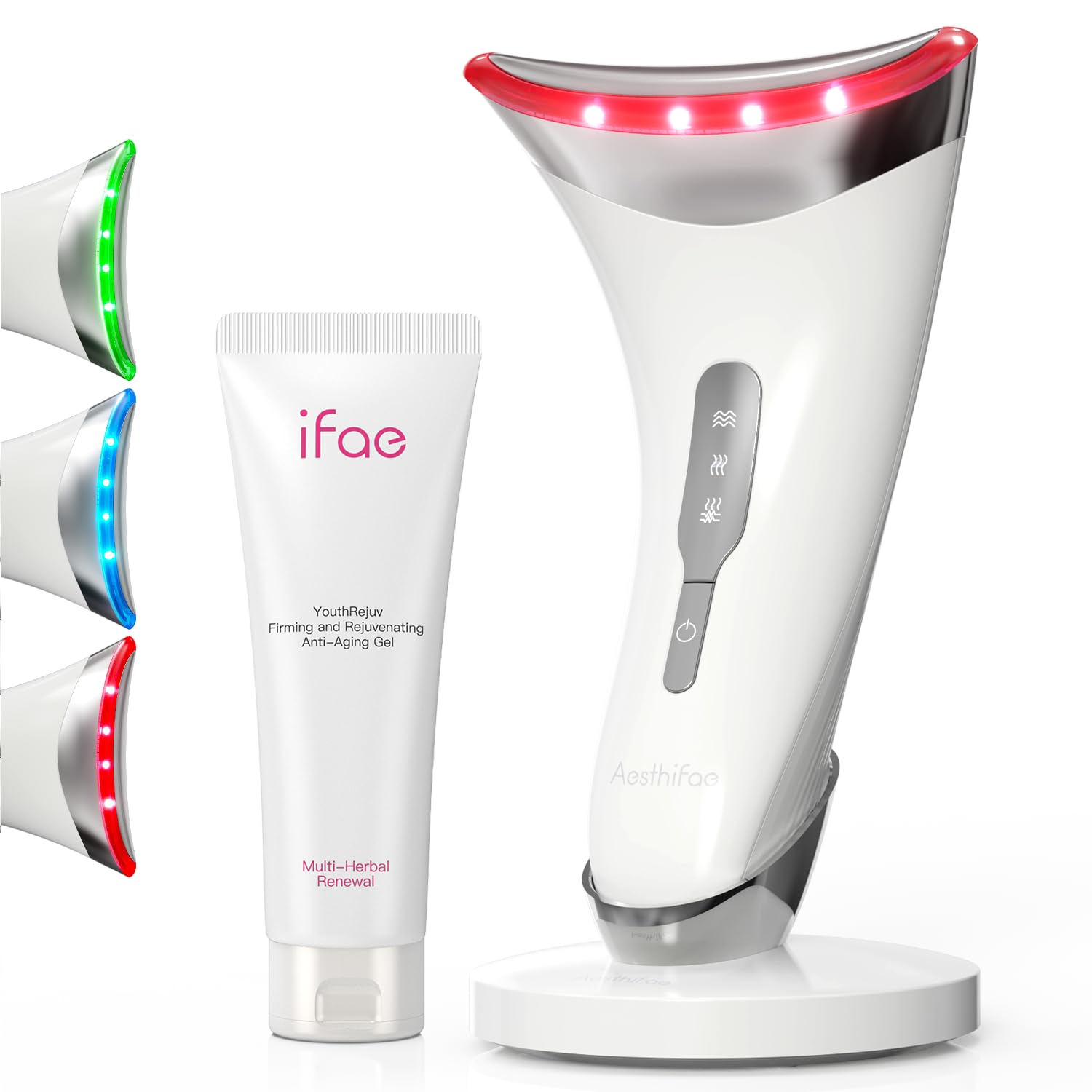 Red Light Therapy for Face and Neck, Renewal Face Lift Device with Vibration Tech, 3 in 1 Face Massager Tool with Thermals, True Beauty Glow Facial Sculptor for Wrinkles, Double Chin（White）