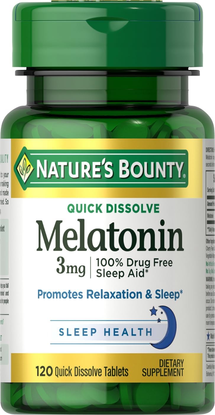 Nature’s Bounty Melatonin, Promotes Relaxation & Sleep, 100% Drug Free Sleep Aid, 3 mg, 120 Quick Dissolve Tablets