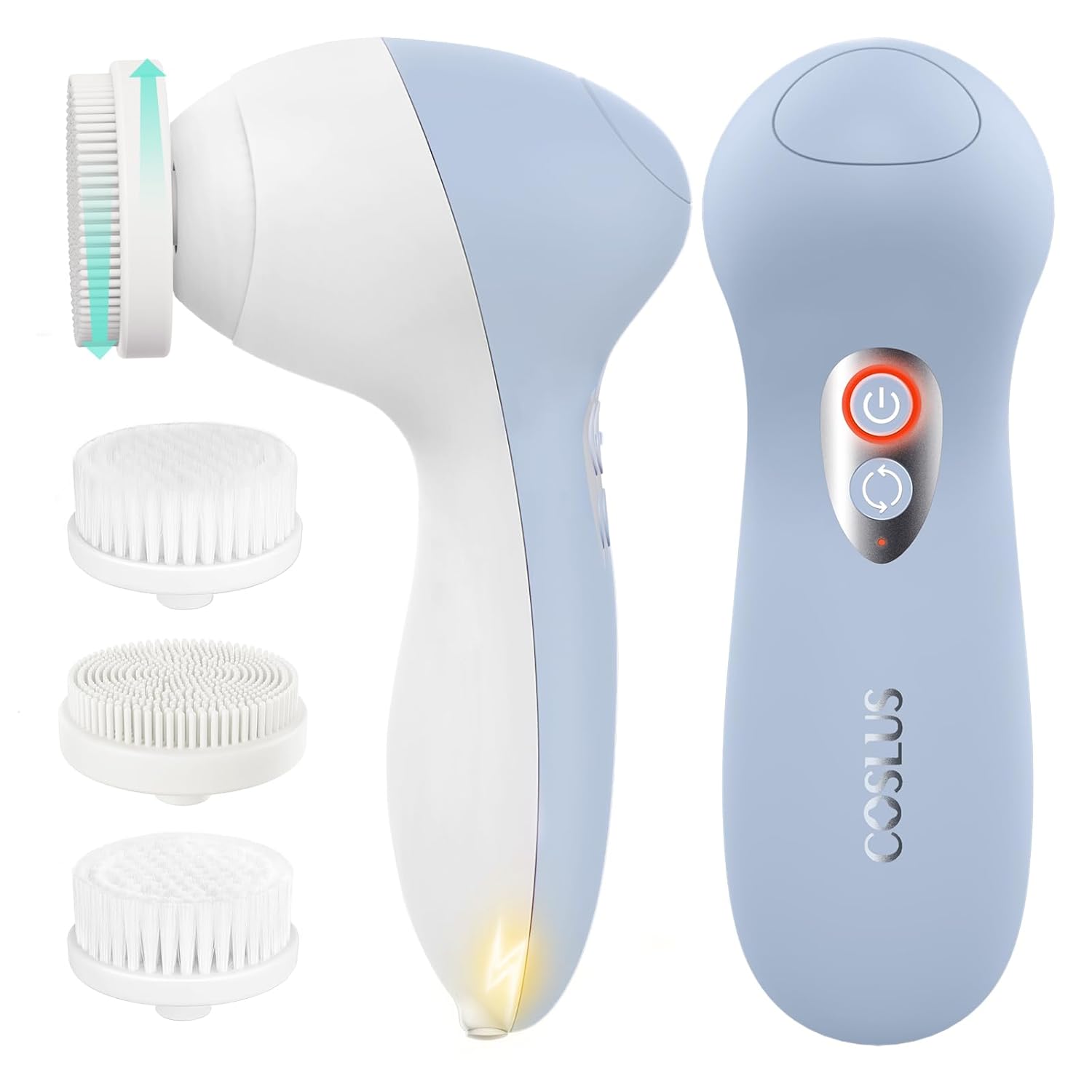 COSLUS FBX04 Powered Facial Cleansing Brush: Rechargeable Electric Face Cleanser for Sensitive & Acne-Prone Skin, 3 Brush Heads, 3 Speeds, 2-Direction Rotation, for Men Women IPX7, Deep Cleaning Blue