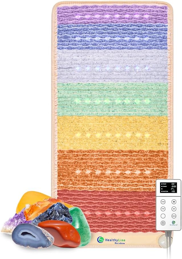 HealthyLine Rainbow Chakra Mat – Enhanced Reiki, Yoga and Massage – Electric Gemstone Heating Pad with Negative Ions and Red Photon Lights – Inframat Pro 3rd Edition – Firm (Medium 50 x 24 inches)