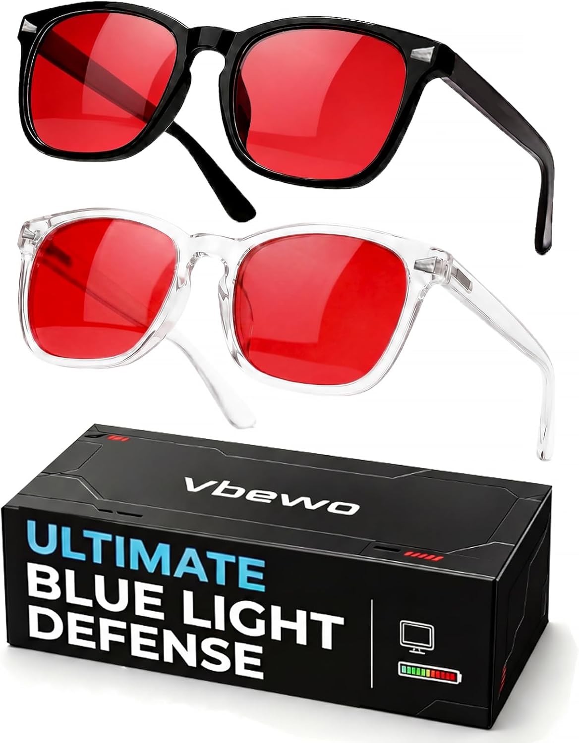 2 Packs Professional Sleep Glasses with 99.9% Blue Light Blocking Dual AR Coatings Red Lens, Computer Gaming Glasses for Men Women, Anti Fatigue & Eye Strain
