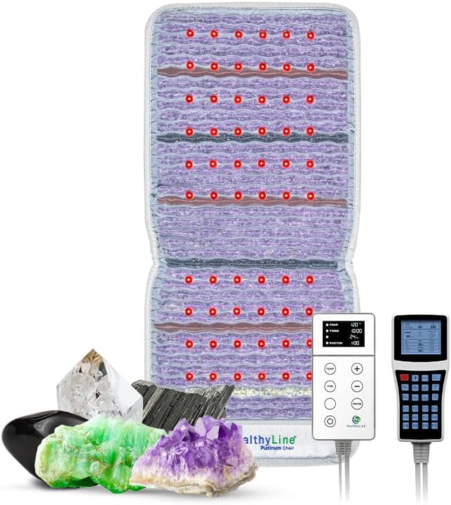 HealthyLine Platinum Mat – Far Infrared Heating Pad for Back Pain – Natural Crystal Gemstones Electric Auto Shut Off Mat – Negative Ions & Rejuvenating Photon Lights – 40″ x 18″