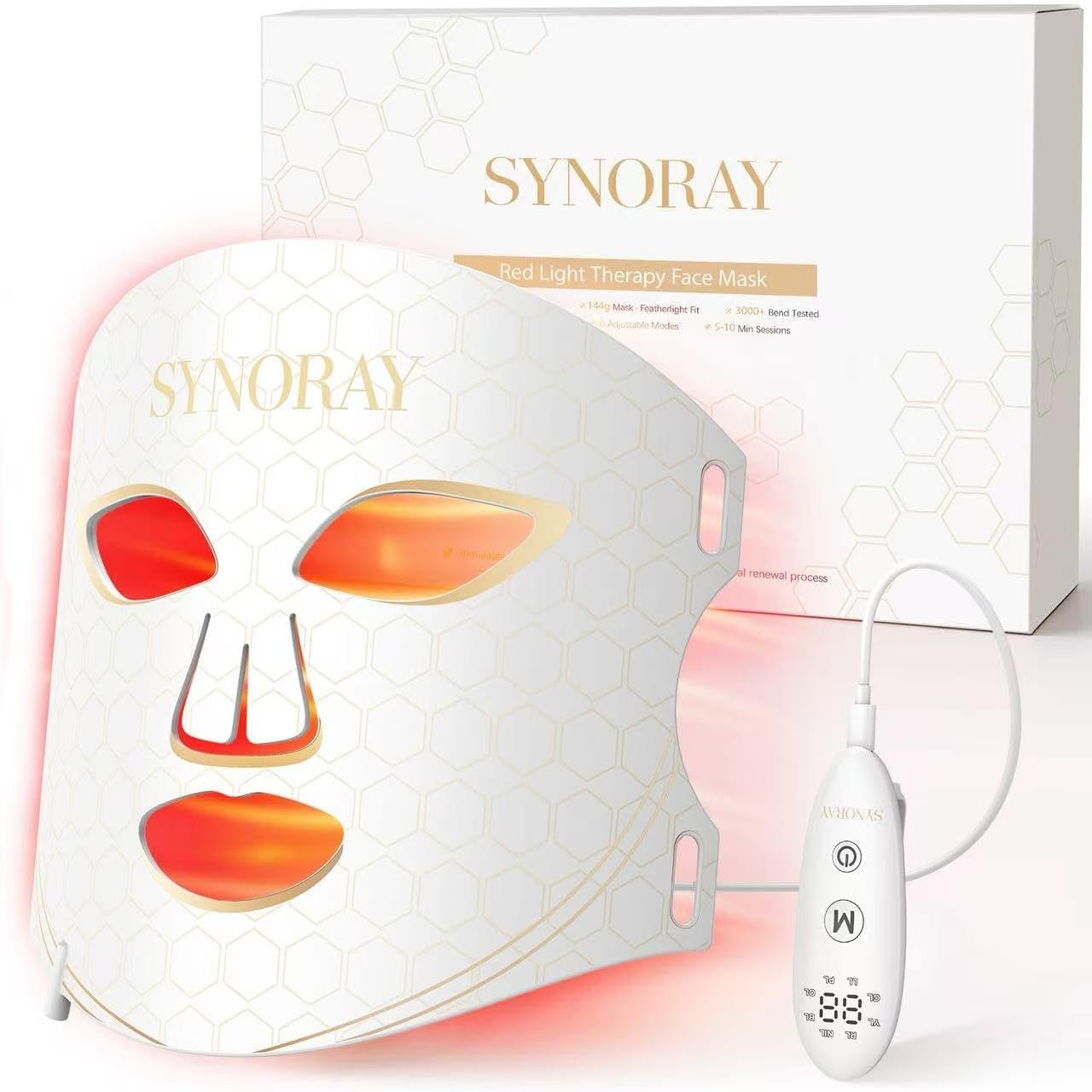 Synoray【Quad-Core 4X More Light Energy 】Red Light Therapy Mask for Face, 630nm 850nm NIR 8 Modes LED Light Therapy,【Food-Grade Silicone,Ultra-Lightweight & Contour-Fit 】Birthday Gifts for Women