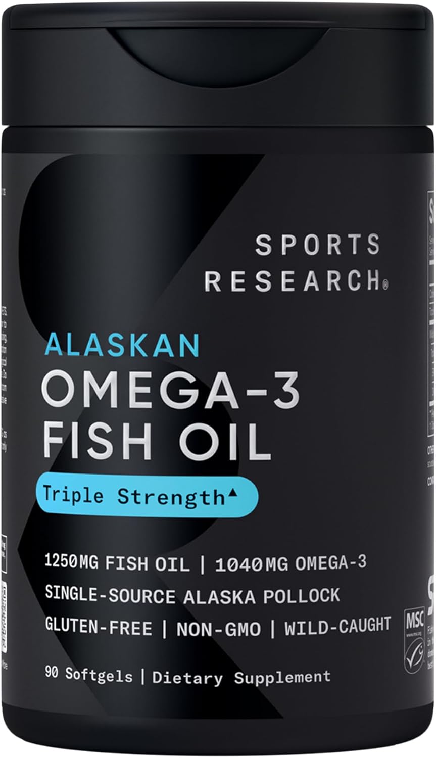 Sports Research® Omega-3 Fish Oil 1250mg from Wild Alaska Pollock, 90 Count | Always Fresh Never Fishy, 690mg EPA & 260 DHA per Softgel, MSC Certified Sustainable, Heart & Brain Health, Non-GMO, Soy Free