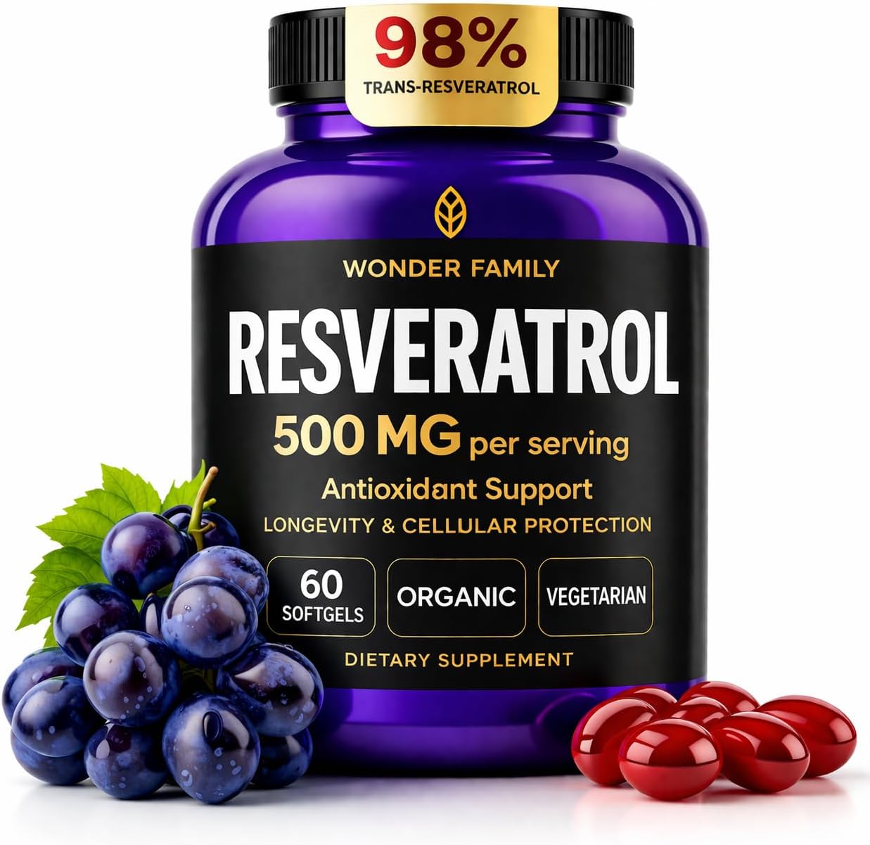 WONDER FAMILY Resveratrol Supplement 500mg – 98% Trans Resveratrol Organic Complex – NAD Resveratrol Antioxidants & Anti Aging Supplement for Heart Health, Wellness Formula, Healthy Cell Support