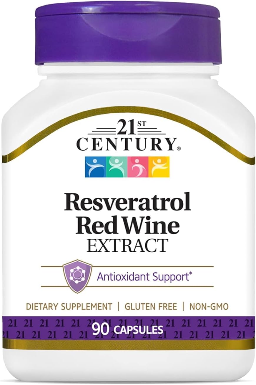 21st Century Resveratrol Red Wine Extract Capsules (90 Count), Resveratrol Supplement with Grapeseed Extract, Polyphenols, & Vitamin C for Antioxidant Support, Gluten-Free & Non-GMO, No Added Sugar